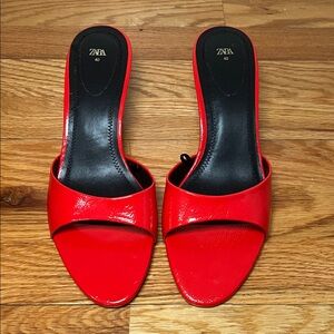 Zara Women's Patent Leather Red Kitten Sandals